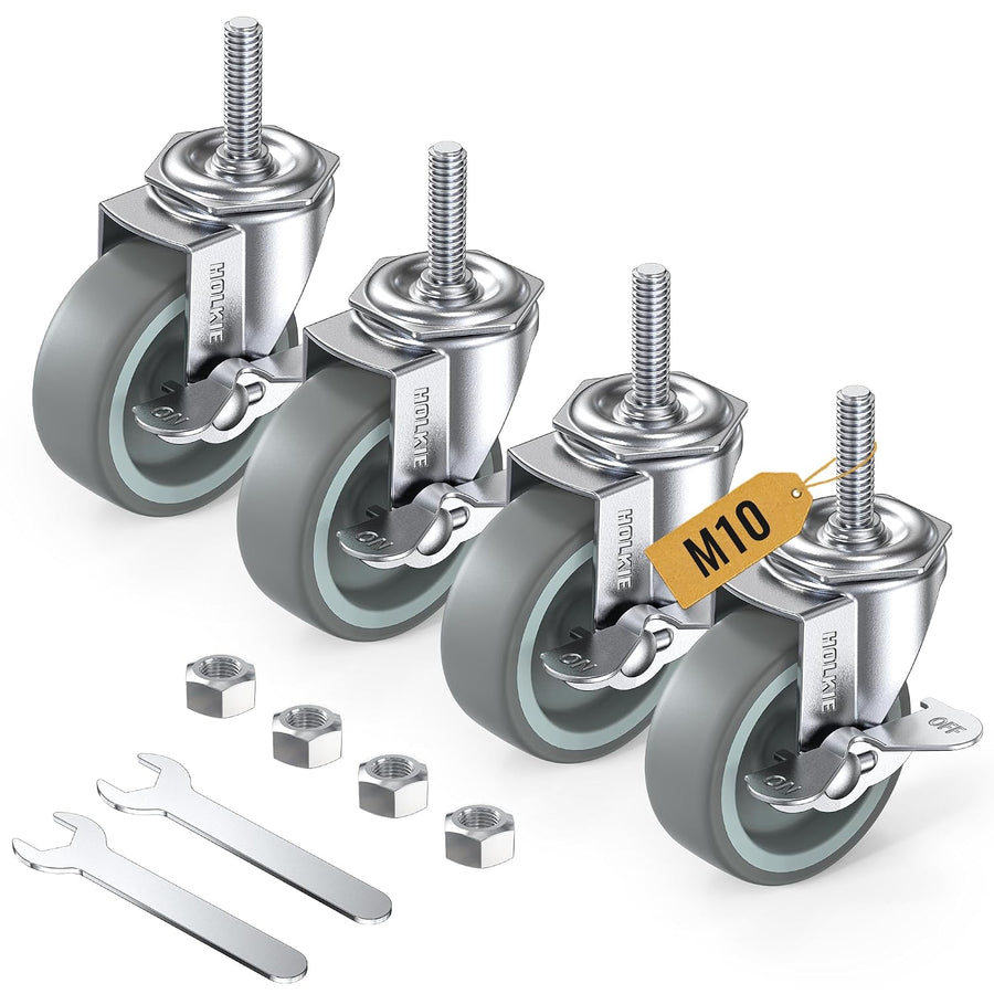 HOLKIE 3 inch stem caster wheels with M10 x 1.5 x 30mm threaded stem gray