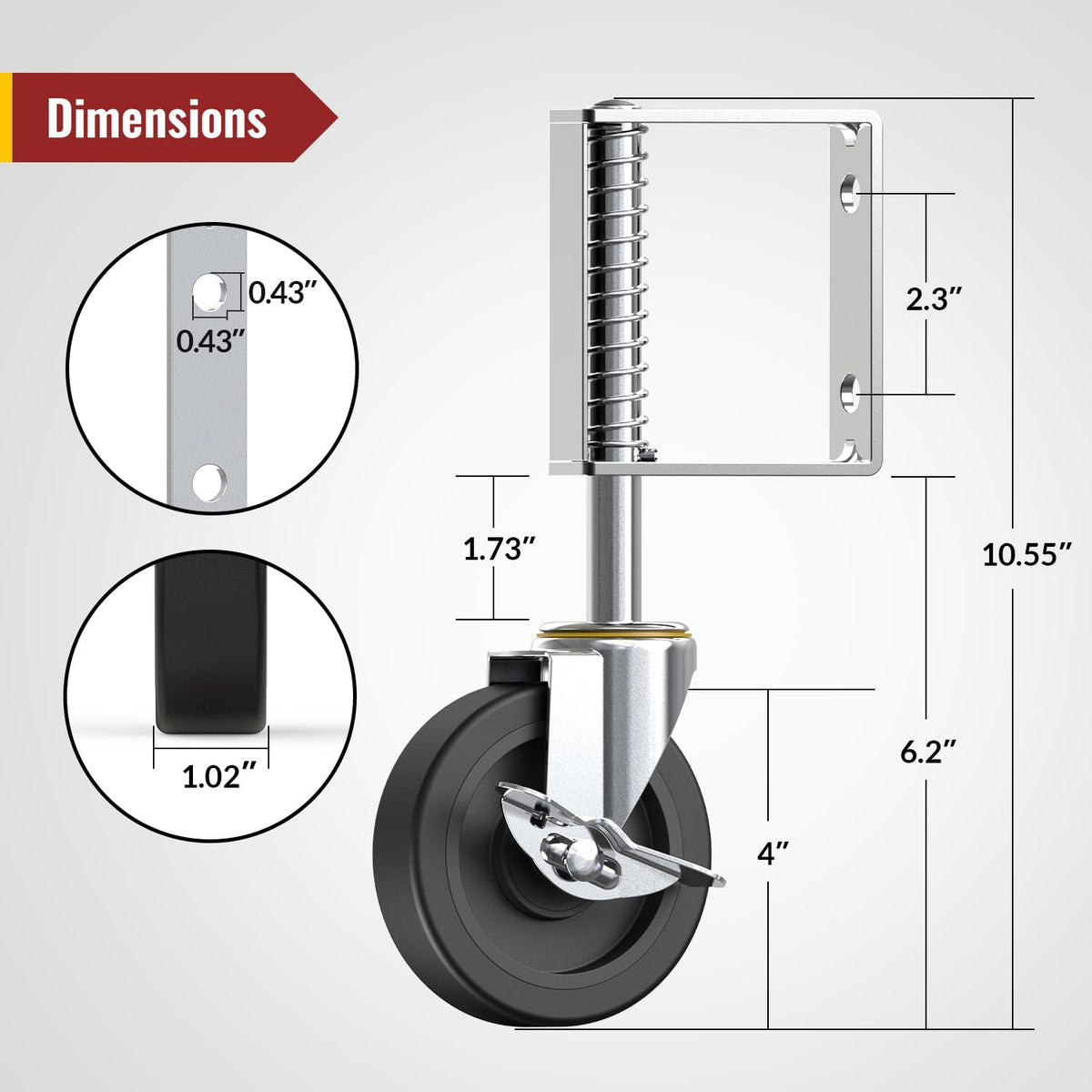 4 inch spring loaded gate caster with side brake, detailed size dimensions - Holkie