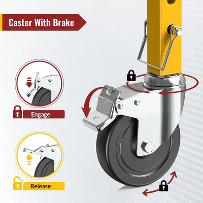 Infographic for 5‑inch dual‑brake scaffold caster wheels, 1‑1/4" square stem, showing brake engage and release operation