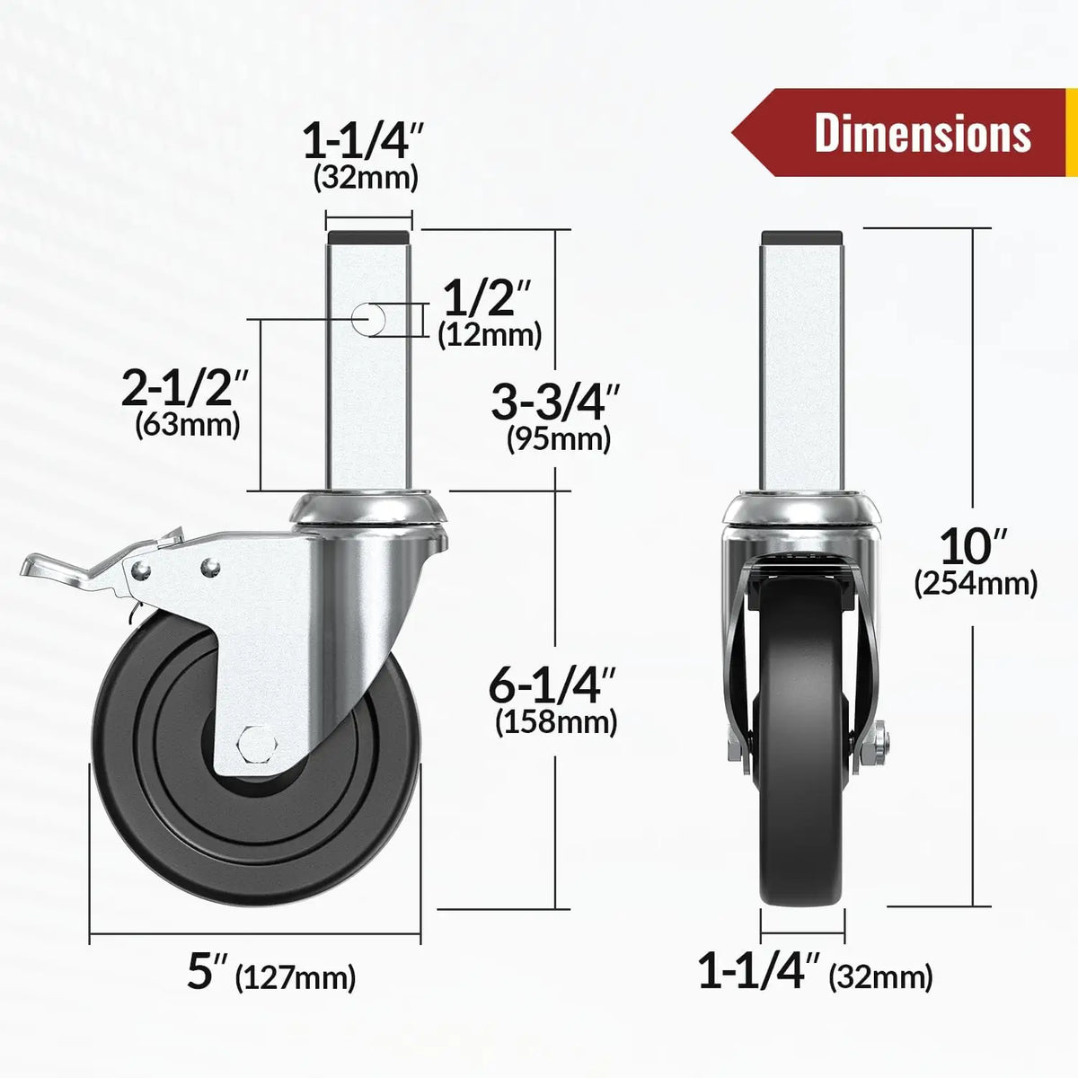 Dimension drawing for 5-inch scaffold caster wheels, 1-1/4" square stem