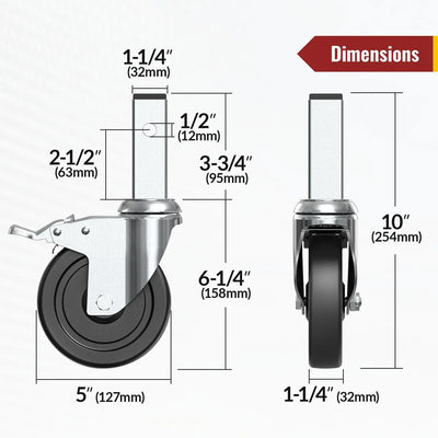 Dimension drawing for 5-inch scaffold caster wheels, 1-1/4" square stem