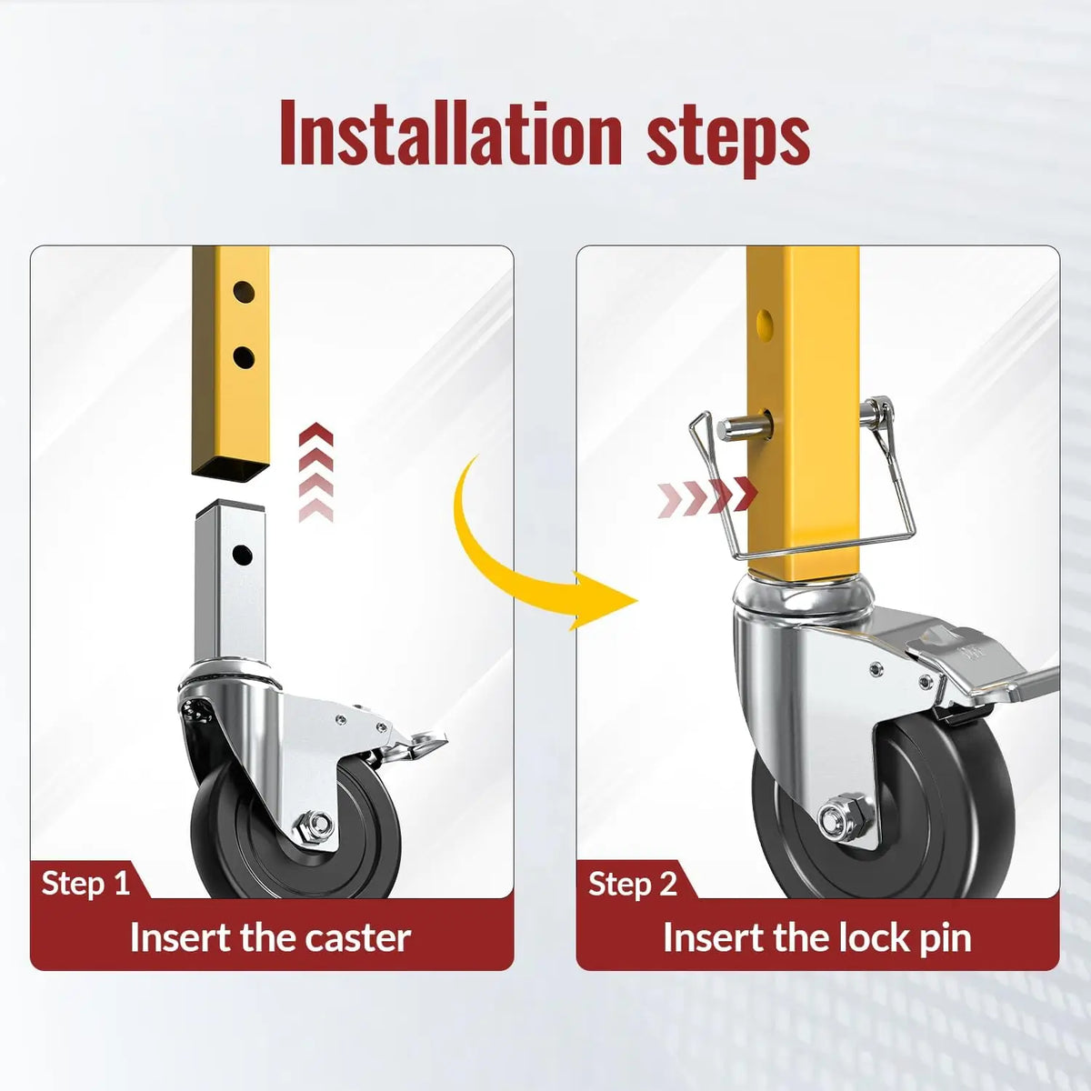 HOLKIE heavy‑duty 5‑inch dual‑brake scaffold caster wheels, 1‑1/4" square stem, two‑step installation guide: insert caster then install lock pin