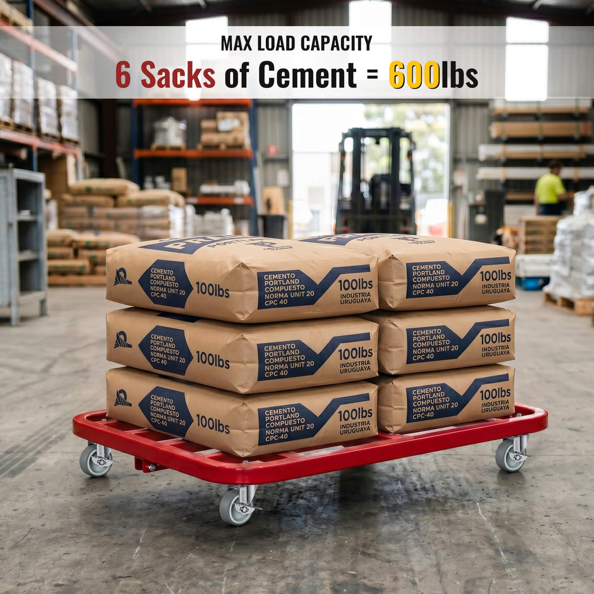 600lb weight secured by side brake on 3-inch casters - Holkie