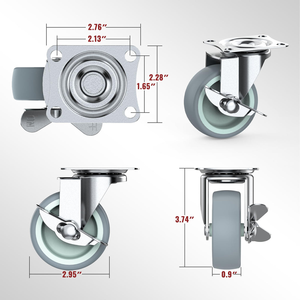 Dimension drawing of 3-in plate casters gray with side brake