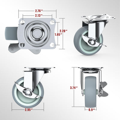 Dimension drawing of 3-in plate casters gray with side brake
