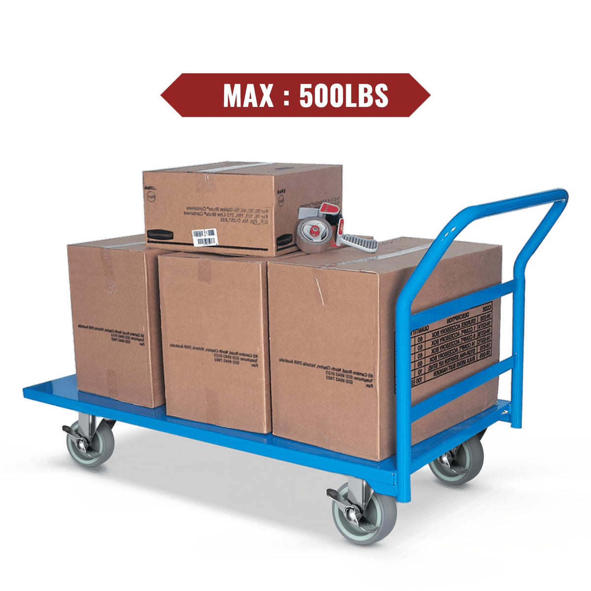 Blue warehouse hand truck loaded with boxes, fitted with 3 inch gray plate swivel casters with side brake, total max load 500 lbs for set of 4