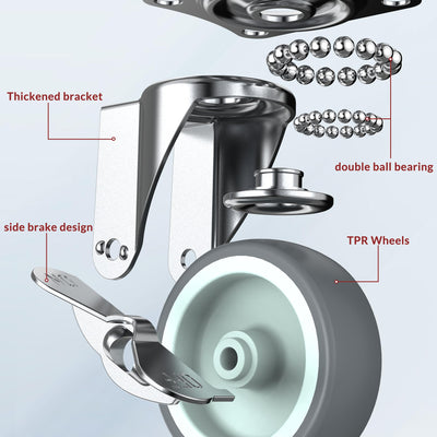 Structure drawing of 3-in plate casters gray with side brake with 4 key contents (thickened bracket, double ball bearing, TPR wheel and side brake design)