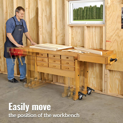 Woodworking workshop scene, worker easily moves workbench installed with HOLKIE 3‑inch retractable caster wheels