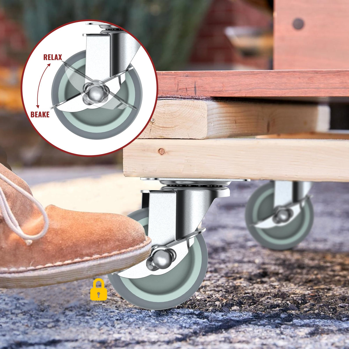 Diagram of lock and release, fitted with HOLKIE 3-inch gray plate swivel casters