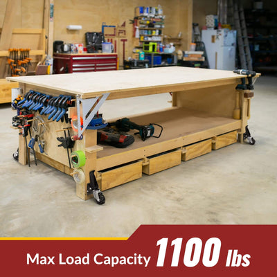 Workbench equipped with HOLKIE 3‑inch retractable casters, 1100 lbs maximum load capacity, set of 4