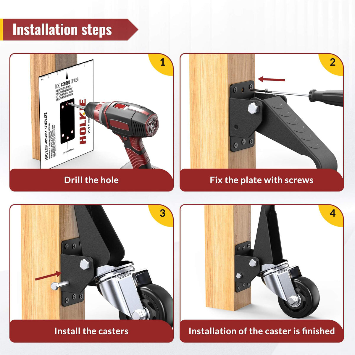 Installation steps infographic for HOLKIE 3‑inch retractable caster wheels, four‑step mounting guide for workbench casters