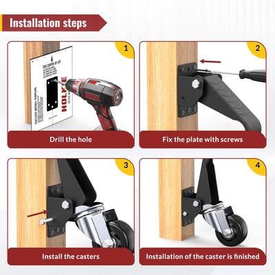 Installation steps infographic for HOLKIE 3‑inch retractable caster wheels, four‑step mounting guide for workbench casters