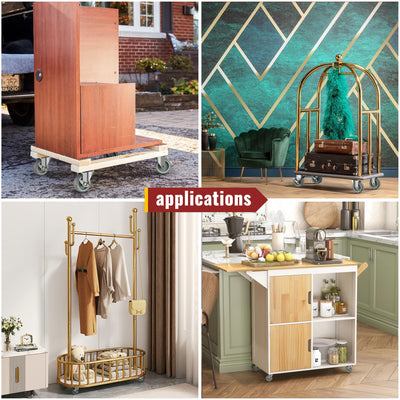 Four photo collage showing multiple furniture application scenarios, fitted with 3 inch gray plate swivel casters with side brake, ideal for cabinet, clothes rack, luggage cart and wooden furniture