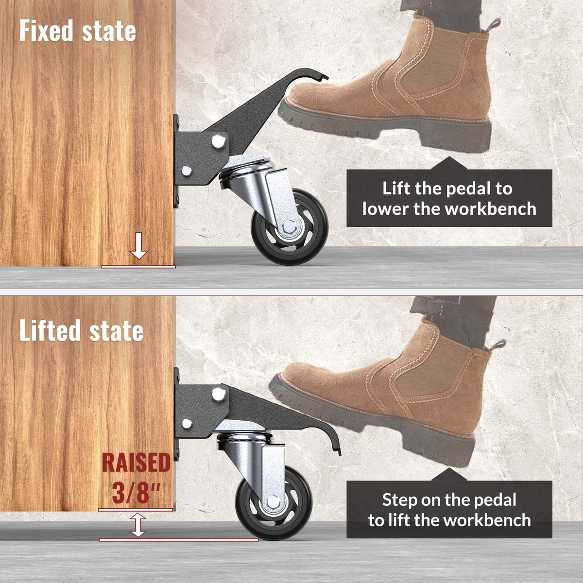 Illustration showing pedal operation for retractable casters, fixed and lifted state for workbench height adjustment