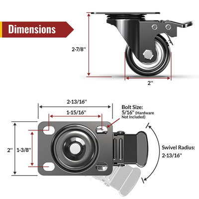 2 in Plate Casters Black with Brake