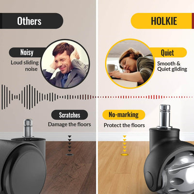 Office chair gray casters comparison infographic, HOLKIE gray rubber office chair replacement caster wheels quiet gliding and floor‑protecting vs noisy scratch‑causing casters