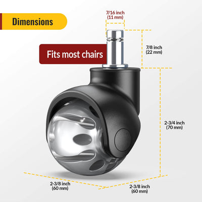 Dimension drawing for 2‑inch gray rubber office chair replacement caster wheels, fits most chairs