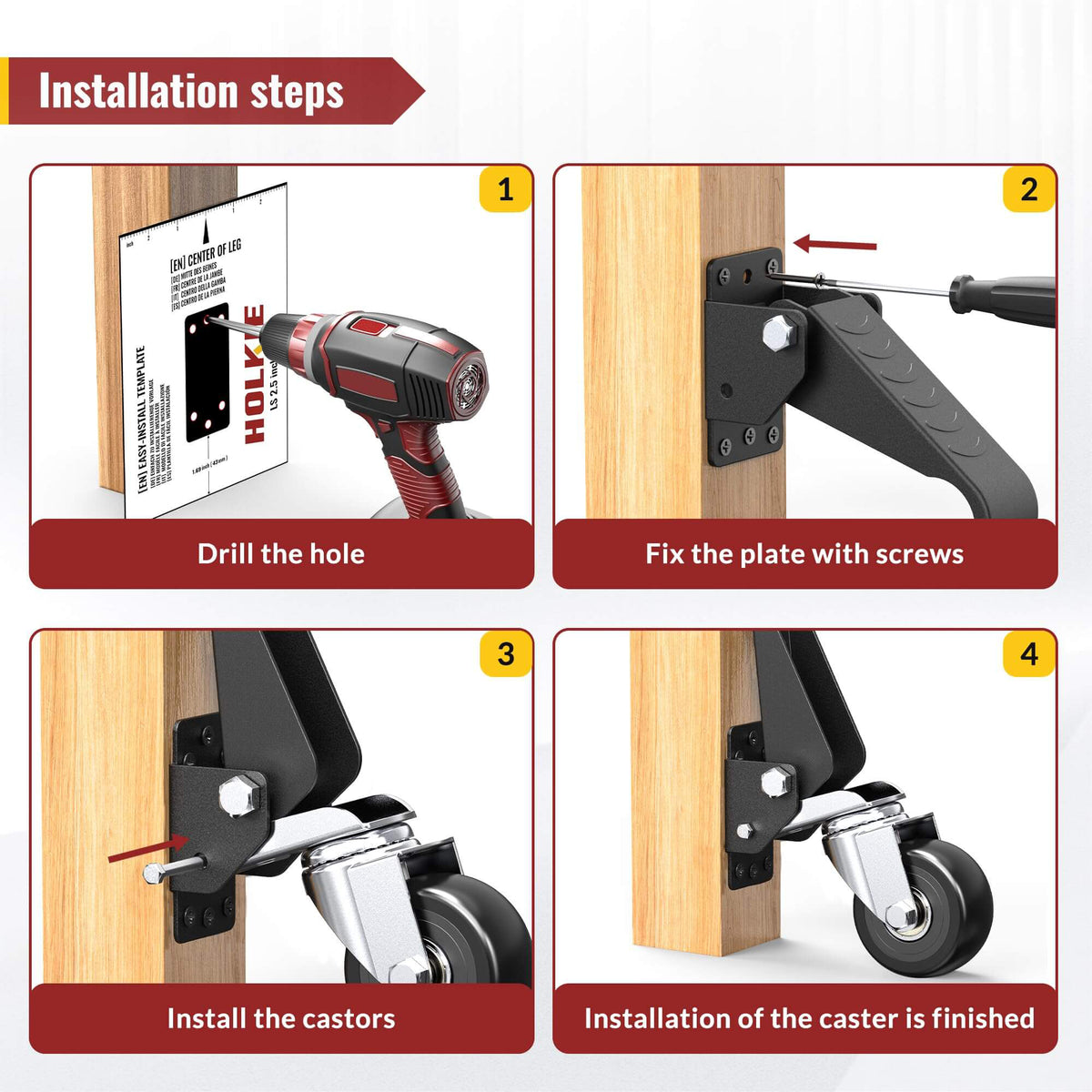 Step-by-step installation guide for retractable casters with lifting and lowering function (drill the hole, fix the plate with screws, install the castors and installation of the caster is finished)