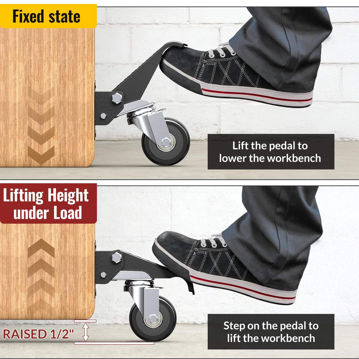 Two diagram showing foot pedal operation for workbench, fitted with retractable casters with lifting and lowering function, 1/2 inch raising height under load