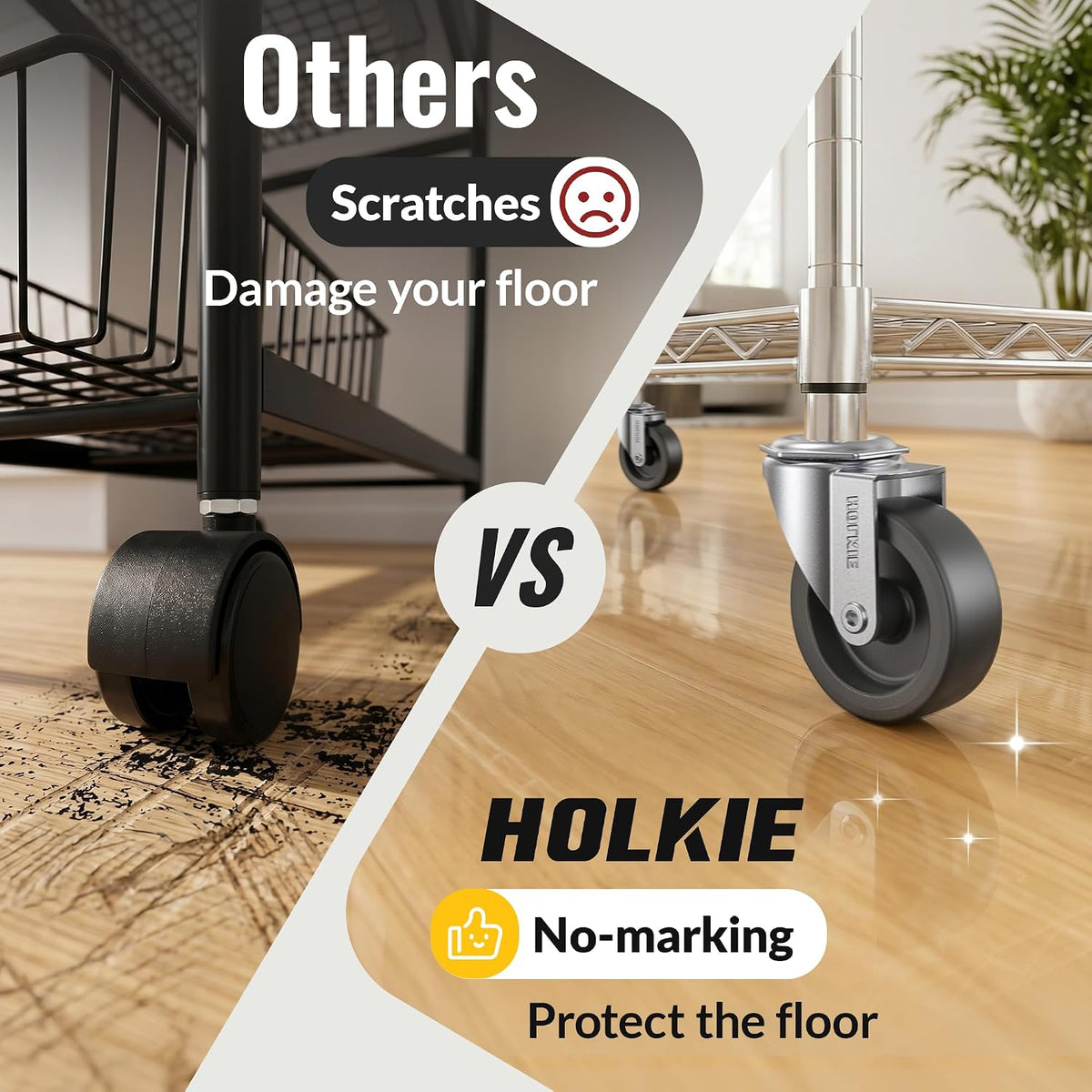 Black Holkie stem caster no brake smoothly across multiple floor types (hardwood, tile, cement), protect your floor.