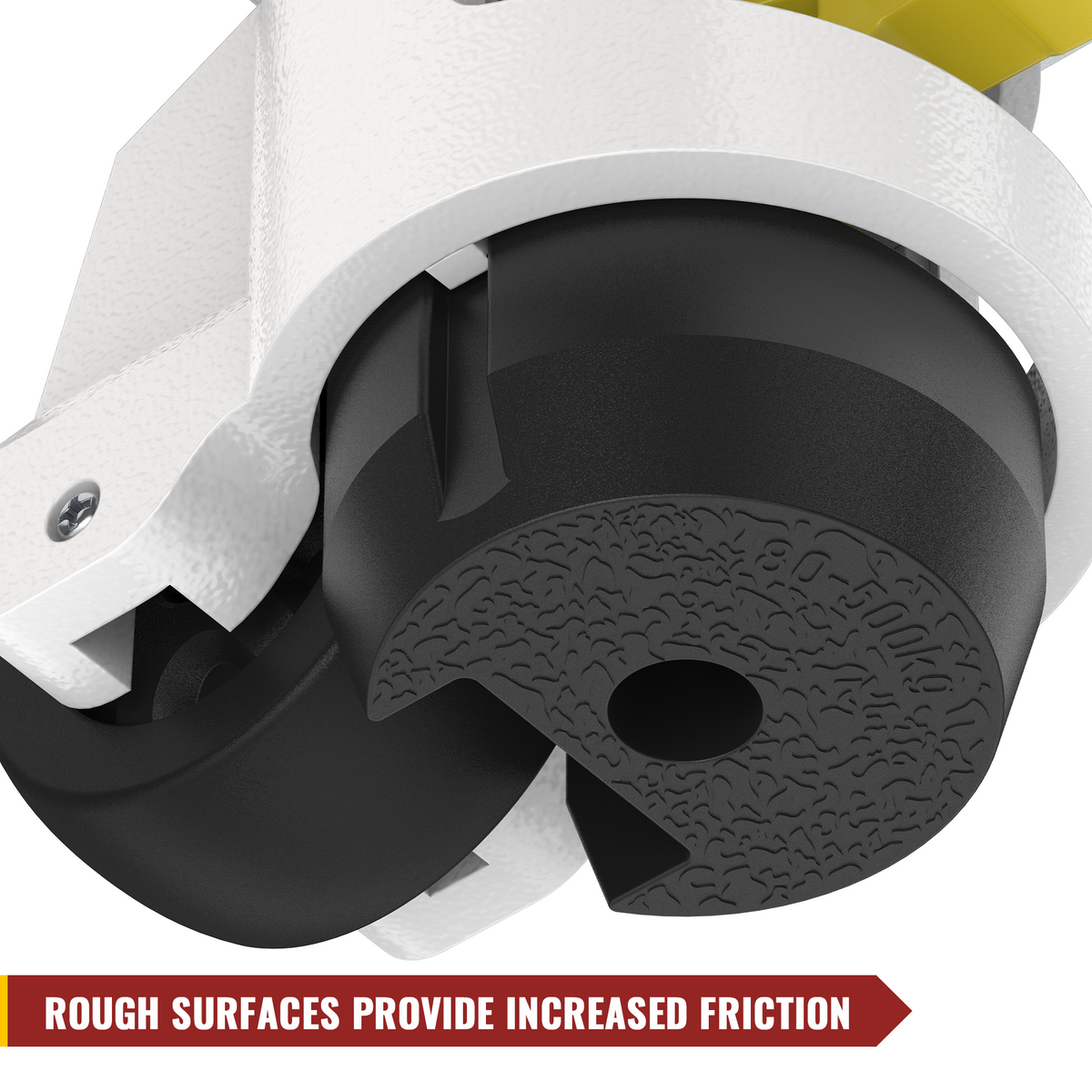 Close-up render of leveling caster foot pad, textured rough contact surface for higher friction, HOLKIE TD80 industrial leveling caster wheels
