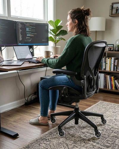 Home office scene, woman on ergonomic office chair fitted with HOLKIE 3 inch office chair clear casters