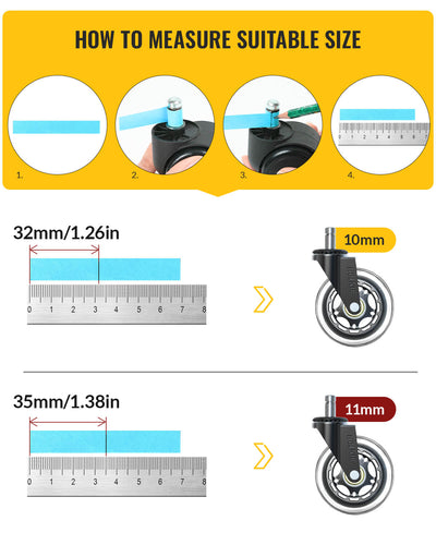 Infographic showing how to measure correct stem size for office chair clear casters, with 10 mm and 11 mm stem examples