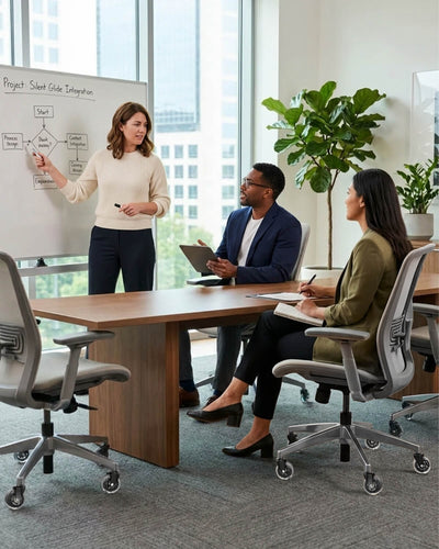 Office meeting room scene, office chairs equipped with HOLKIE 3 inch office chair clear casters, people working around conference table