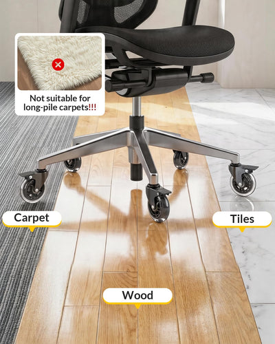 HOLKIE office chair with locking casters demonstrating compatible floor types: carpet, wood, tile; not for long‑pile carpets