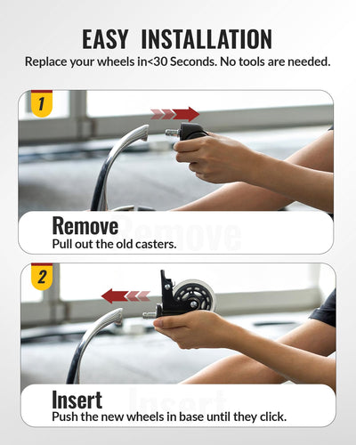 Easy installation infographic for locking office chair casters, 2-step remove and insert, install in under 30 seconds, no tools required