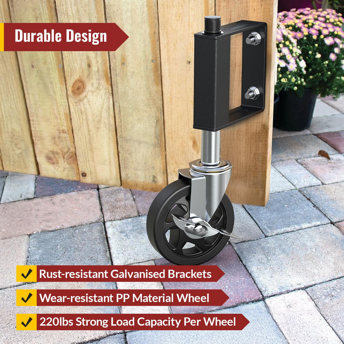 4-inch gate caster with durable design, featuring rust-resistant galvanised brackets, wear-resistant PP wheel and 220 lbs load capacity per wheel