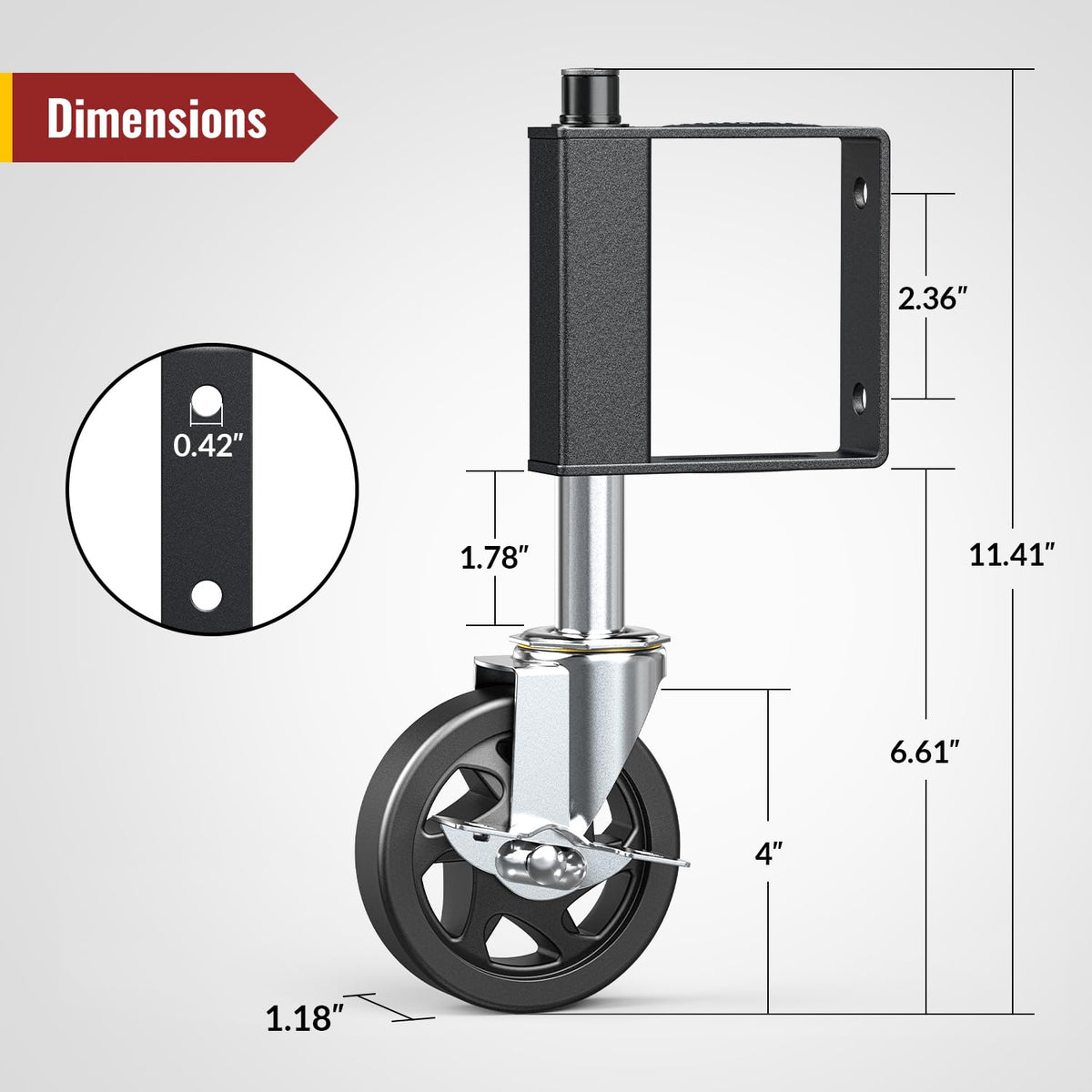 Dimension drawing of 4 inch gate wheel with built-in spring loaded