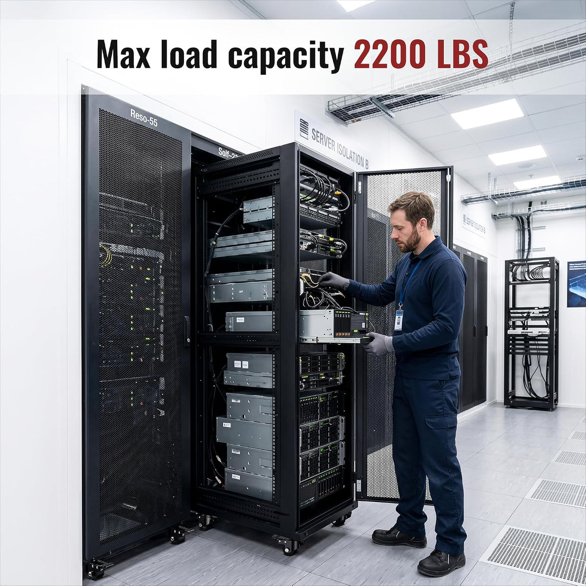 Server rack with four heavy-duty swivel caster wheels, total load capacity 2200 lbs for the complete set of 4 wheels