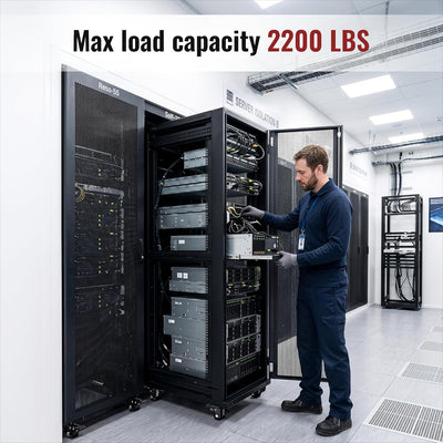 Server rack with four heavy-duty swivel caster wheels, total load capacity 2200 lbs for the complete set of 4 wheels