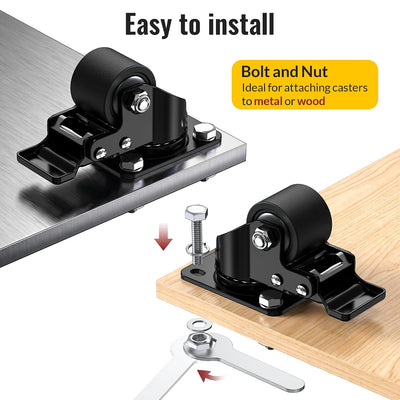 HOLKIE heavy-duty low-profile total-lock plate casters, easy to installation with bolts and nuts for metal or wood