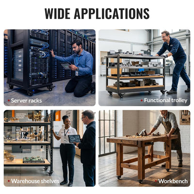 HOLKIE heavy‑duty low‑profile total‑lock plate casters have wide applications including server racks, functional trolleys, warehouse shelves and workbenches
