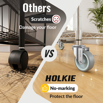 Grey HOLKIE stem caster with side brake smoothly across multiple floor types (hardwood, tile, cement) and rotate 360-degree