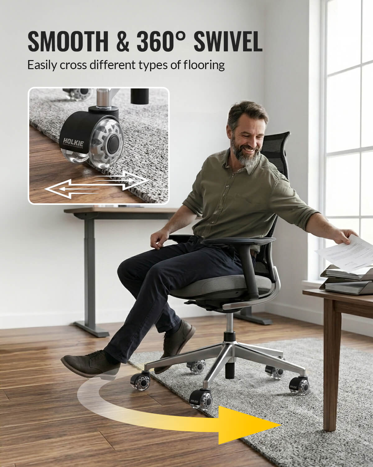 Grey dual rubber office caster wheel smoothly roll without making noise or disturbing others