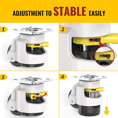 TD100 plate‑mount leveling caster, four‑step illustration demonstrating ratchet‑arm adjustment to switch into stable stationary mode