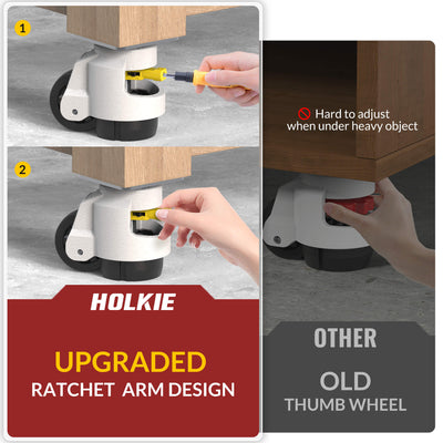 HOLKIE TD100 leveling casters, comparison diagram of upgraded ratchet‑arm design against traditional thumb‑wheel which is hard to adjust under heavy weight