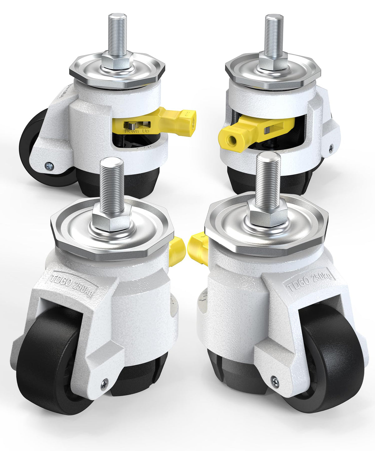 Heavy-duty leveling casters with threaded stem TD60, set of 4, white version shown