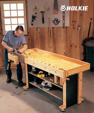 Woodworking workshop scene: wooden workbench fitted with HOLKIE heavy‑duty threaded‑stem leveling casters for wood shop equipment