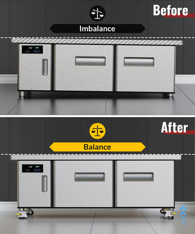Before‑and‑after comparison graphic: uneven commercial kitchen counter top before installation, balanced after fitted with heavy‑duty threaded‑stem leveling casters, demonstrating balance adjustment effect