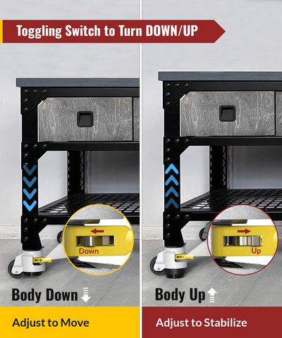 Side-by-side comparison graphic demonstrating toggle switch operation for moving and stabilizing workbench, featuring heavy‑duty threaded stem leveling caster with up‑down adjustment function
