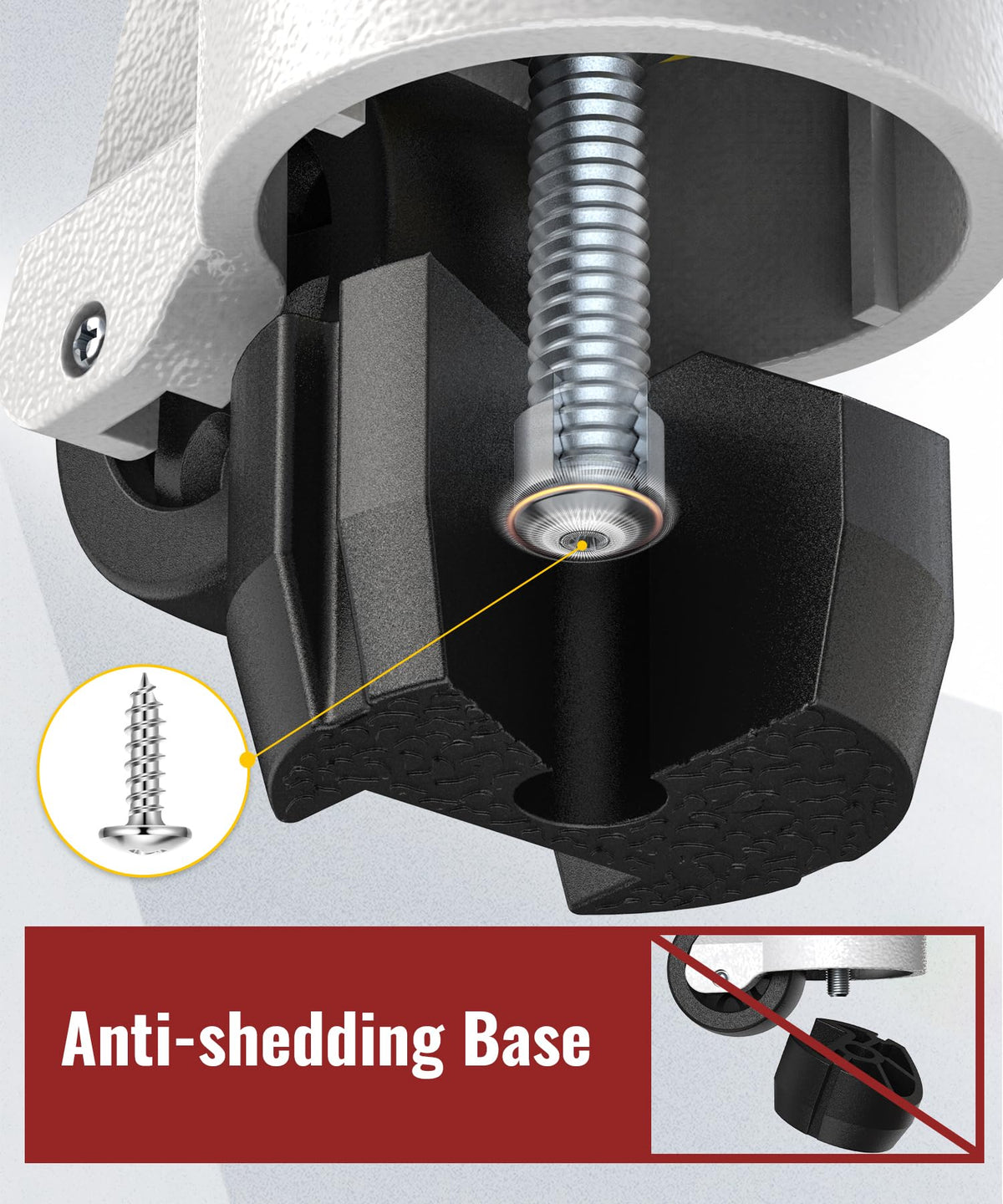 Cutaway diagram showing caster anti‑shedding base structure with locking screw detail, HOLKIE retractable leveling caster, available in white, heavy‑duty threaded stem design preventing base falling off