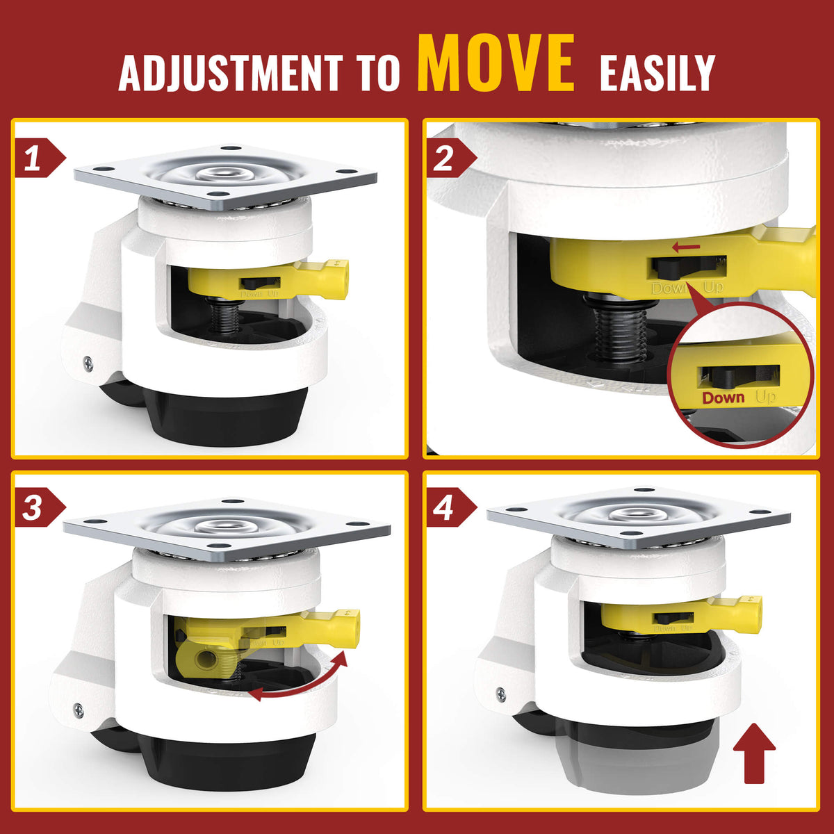 Four-panel step diagram for leveling caster, adjustment to move easily by rotating yellow lever