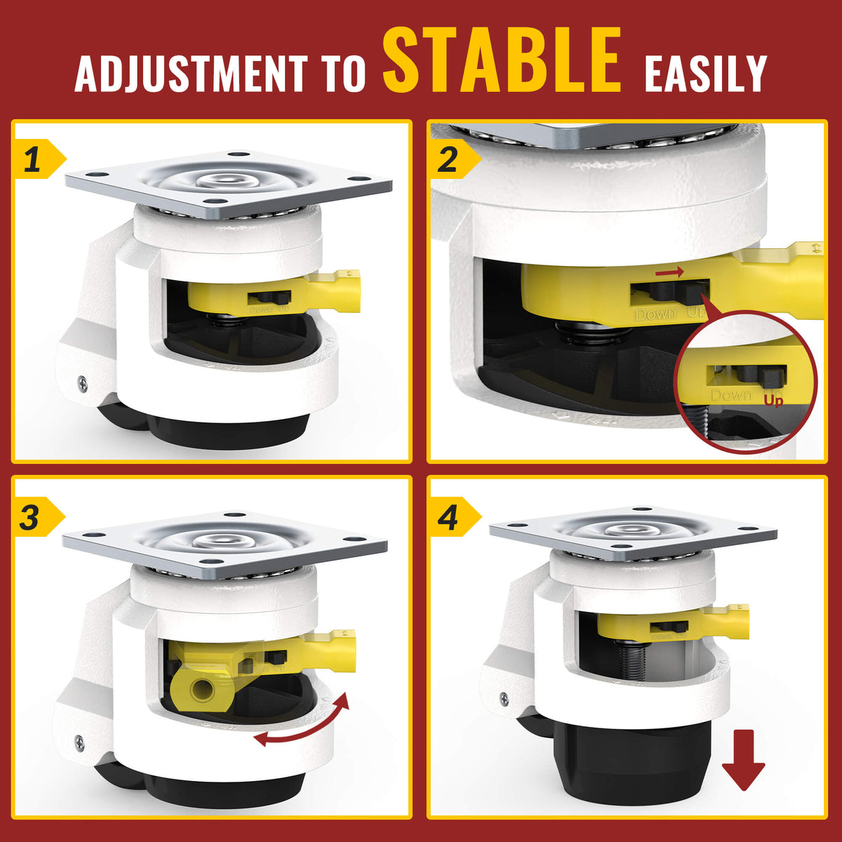 Four-panel step diagram for leveling caster, adjustment to stable easily by rotating yellow lever
