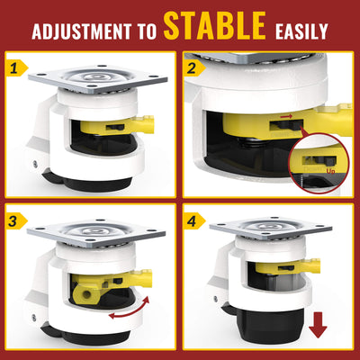 Four-panel step diagram for leveling caster, adjustment to stable easily by rotating yellow lever