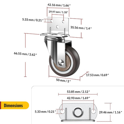 Dimension drawing of 2 inch L-shaped swivel caster for furniture