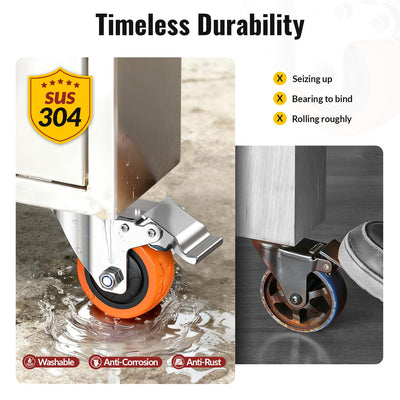 HOLKIE 3-inch 304 stainless steel casters with timeless durability, washable, anti-corrosive and anti-rust performance, prevent seizing up, bearing to bind and rolling roughly 